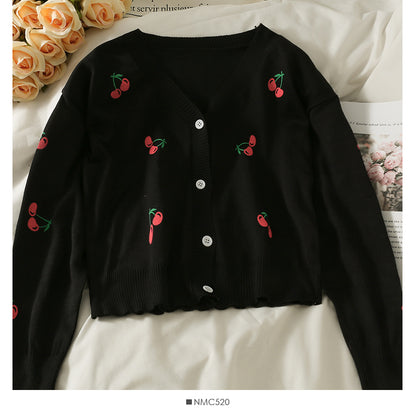 Small fresh cherry print V-neck single breasted slim cardigan sweater  1826