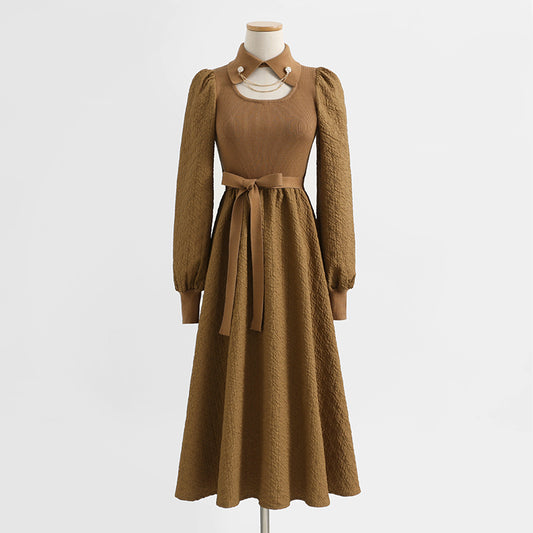 Knit stitched dress Vintage Chain Collar skinny over knee black dress  2344