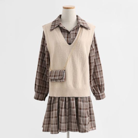 Nouveau gilet ROBE À MANCHES LONGUES Jupe de costume deux pièces à carreaux à la mode rajeunissante 2176