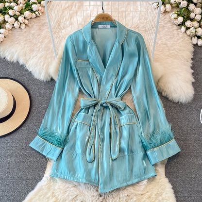 Celebrity style acetate Satin Long Sleeve waist closing shirt dress  3269