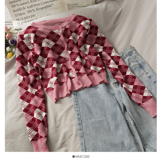 Hong Kong Vintage diamond check single breasted sweater top  1894