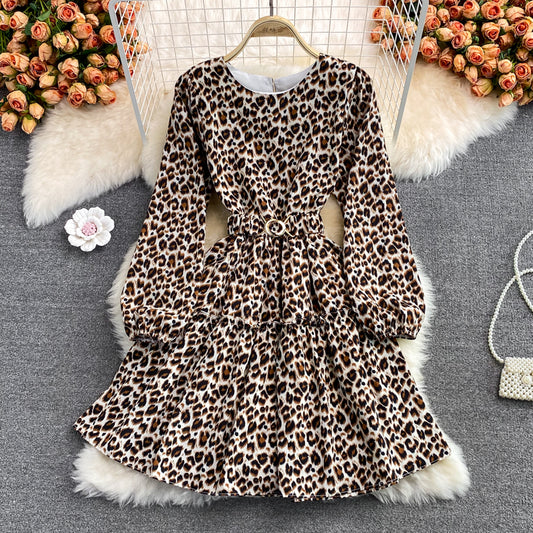 Ruffled round neck long sleeve Leopard Dress  3375