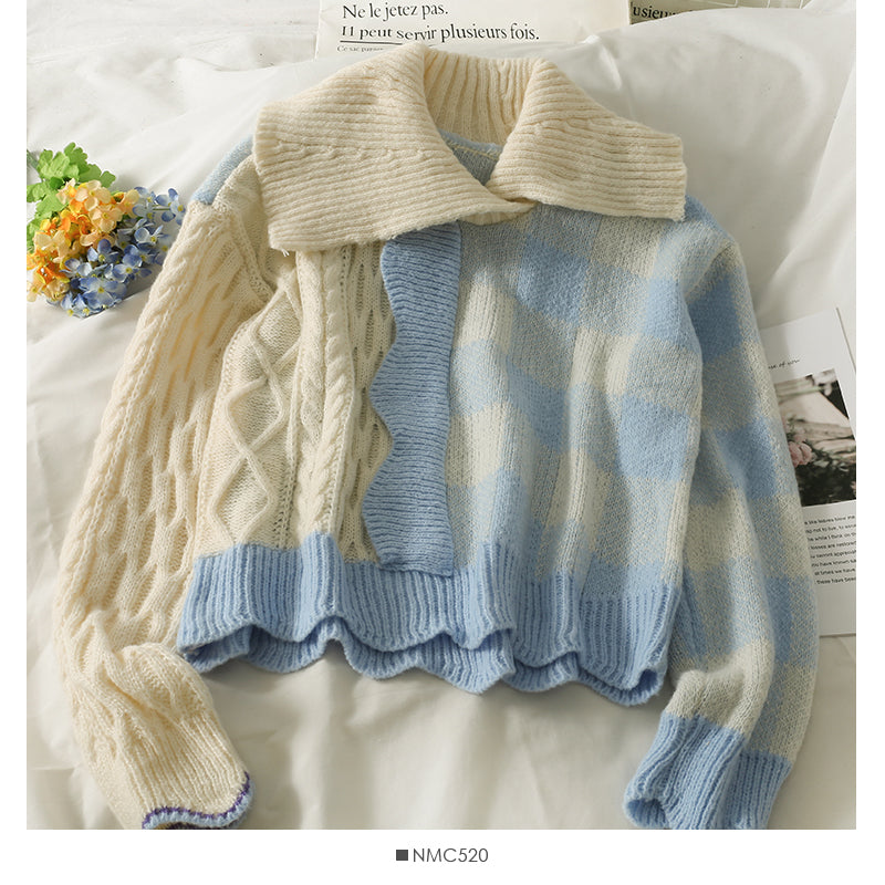 Elegant style color blocking large lapel Plaid loose knit women's shirt  1899