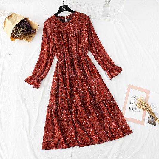 The new French retro floral bottomed long skirt is over the knee  2364