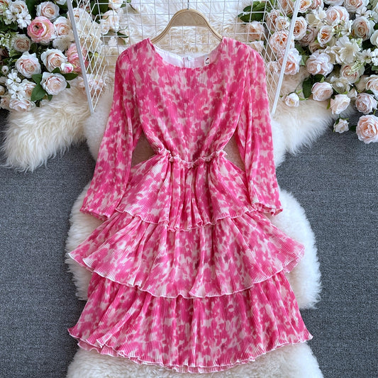 Robe à volants teintée en halo rose à col rond 3112