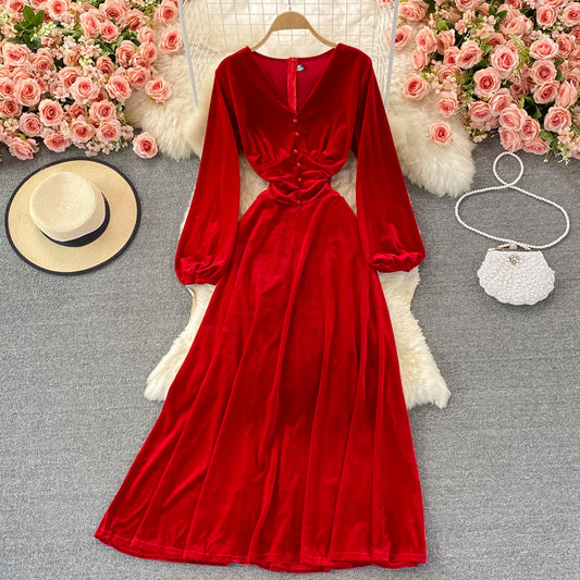 V-neck temperament high waist slim velvet dress  3089