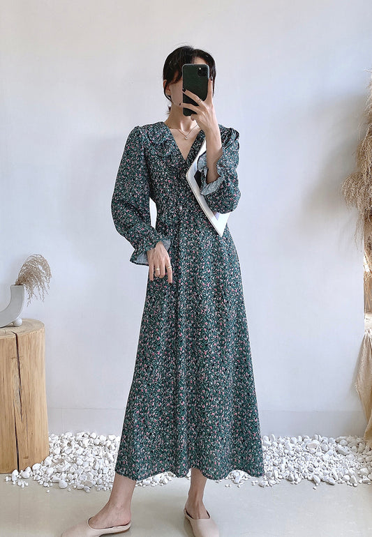 V-neck waist with thin Ruffle sleeve floral long skirt  2259