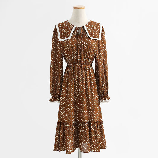 Slim baby collar coffee floral dress lace up dress  2321