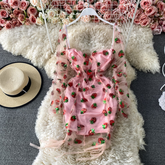 Robe en gaze rose fraise, sac à bandoulière, jupe à la hanche, ligne unique, 3177