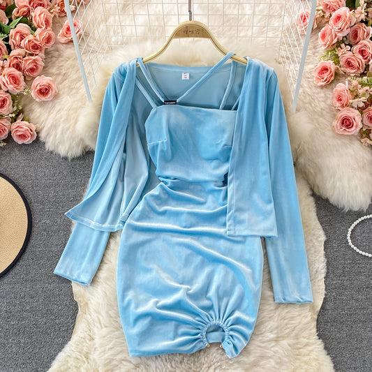 Velvet suspender Hip Wrap Dress  3261