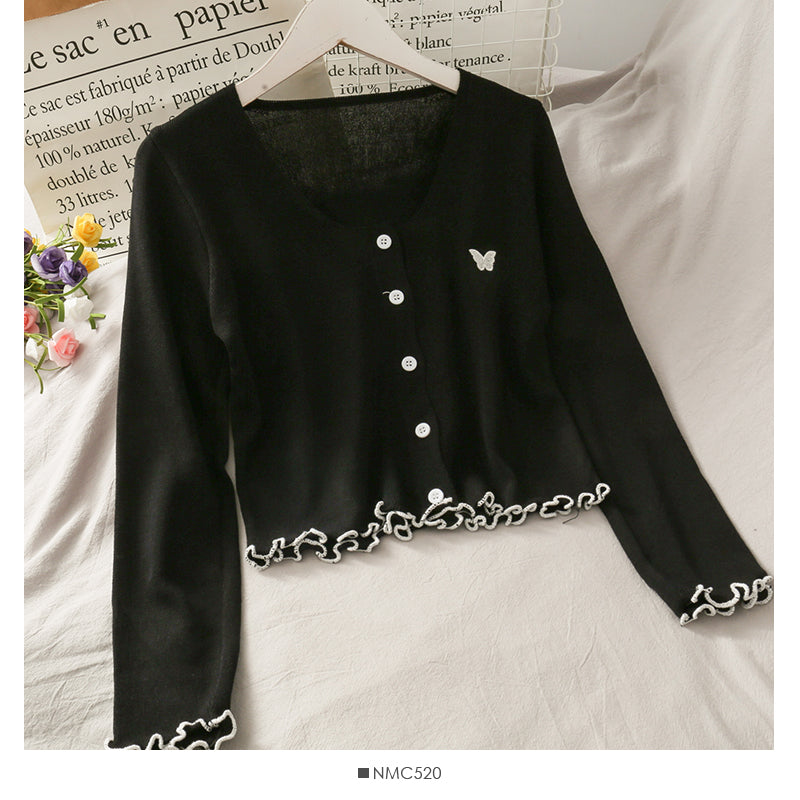 Butterfly Embroidery V-neck open collarbone sweater  1739