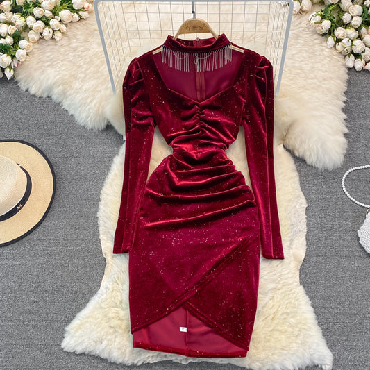 Celebrity temperament V-neck hanging neck tassel wrap hip dress  3391