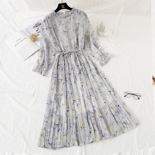 Jupe plissée en mousseline à manches longues, ample et fine, jupe rétro longueur genou 2346