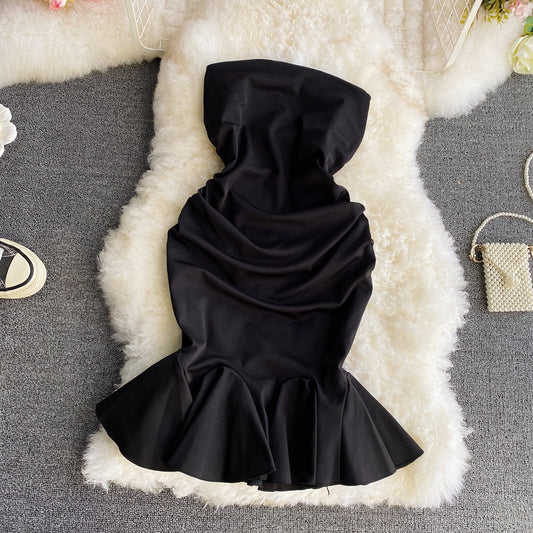 Sexy one shoulder strapless dress temperament close waist thin fishtail skirt  3290