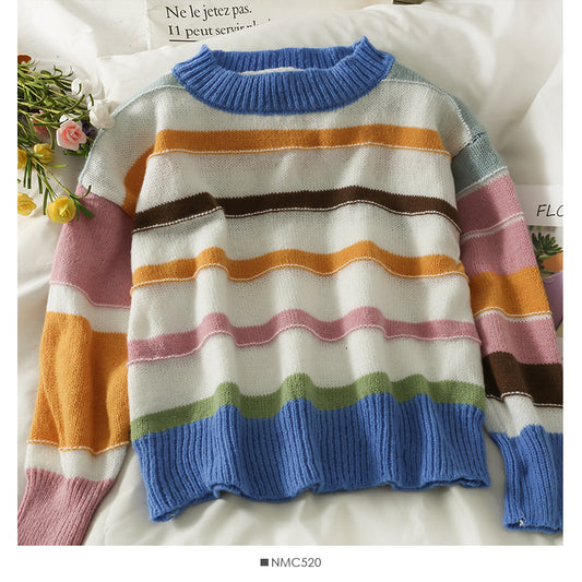 Elegant color stripe crew neck slim fit sweater  2002