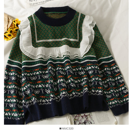 Korean retro fungus edge stitched round neck long sleeve Pullover Sweater  1979