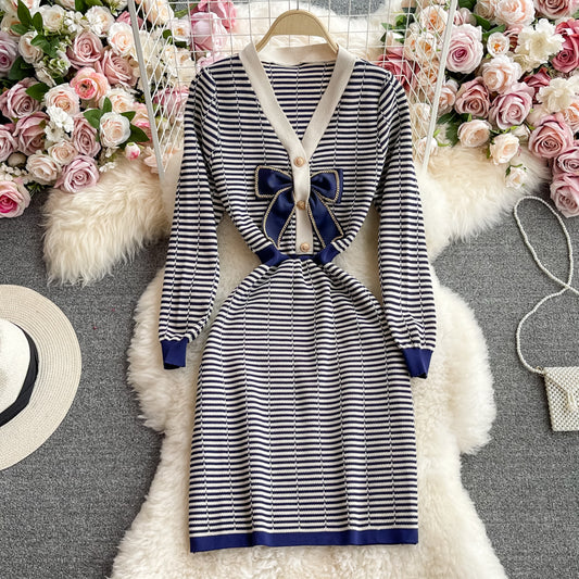 Small fragrance bow A-shaped elastic tight knit dress  3256