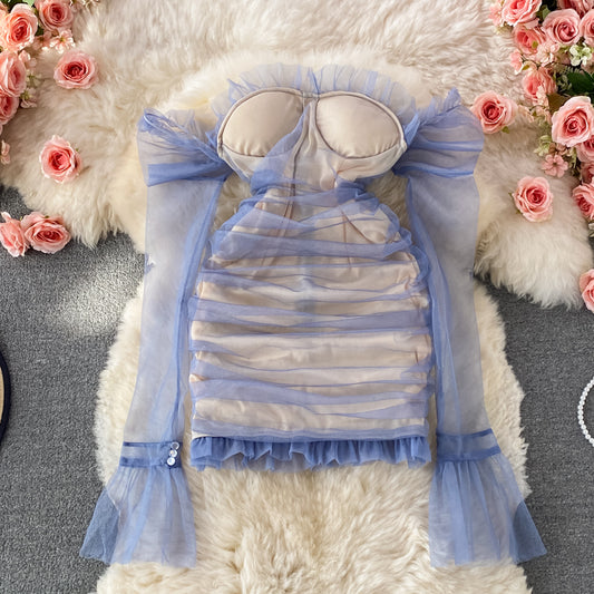 Mesh pleated slim fit Strapless Hip Wrap Dress  3226