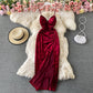 Banquet wine red evening dress velvet suspender split dress  3309