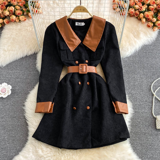 Lapel corduroy waist dress Hepburn  3115