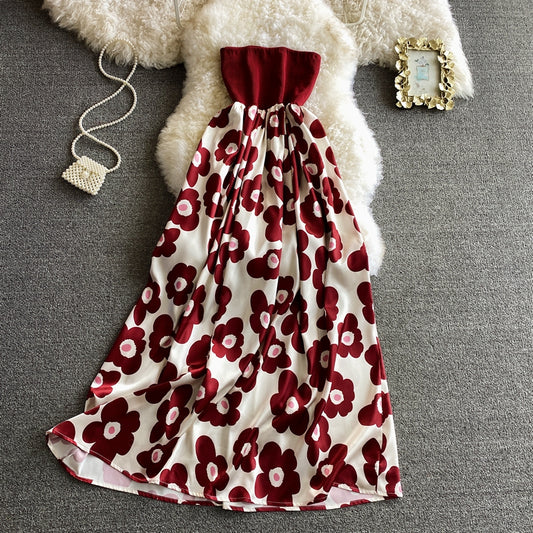 Vintage printed Strapless skirt with slim waist dress  2830