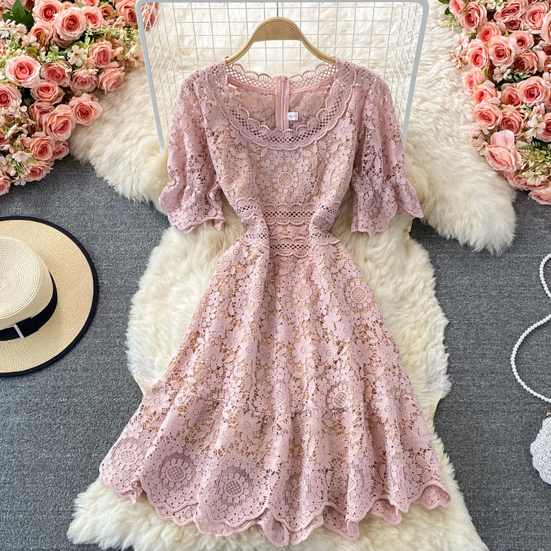 High waist slim water soluble hollow lace fishtail dress  2985