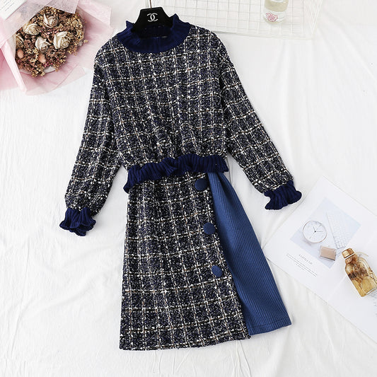 New French retro sweater, tweed bag hip skirt, winter two-piece suit  2361