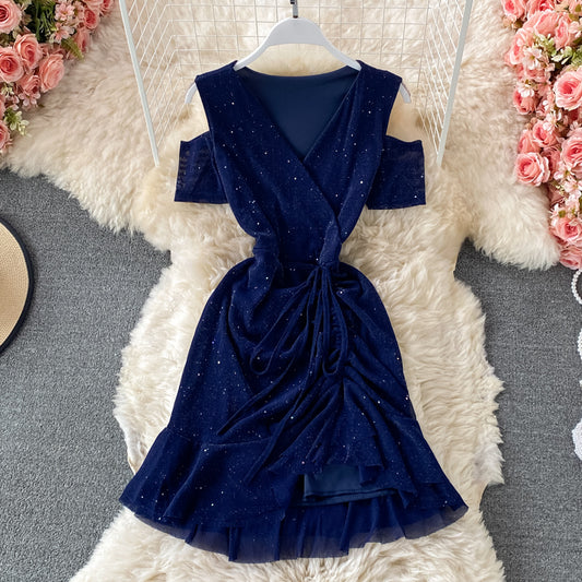 Sexy cross V-neck Sequin elastic Ruffle Dress  3318