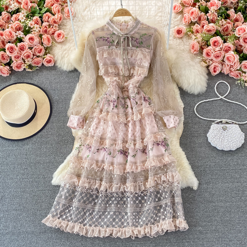 Light luxury stand collar embroidered lace dress  3370