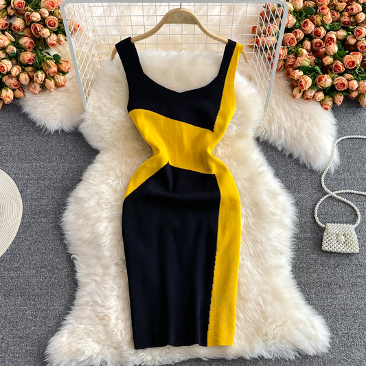 Jupe débardeur sexy contrastée slim élastique col V 2811