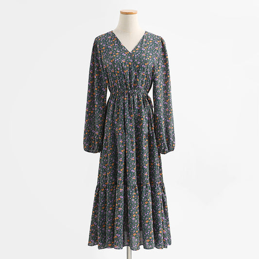 Jupe longue à manches bouffantes et col en V en mousseline de soie à petites fleurs cassées vertes pour femmes 2274