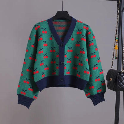 V-neck short knit jacket, cherry jacquard cardigan  1405