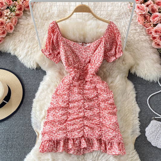 Jupe courte portefeuille slim à manches bouffantes de style français 3345