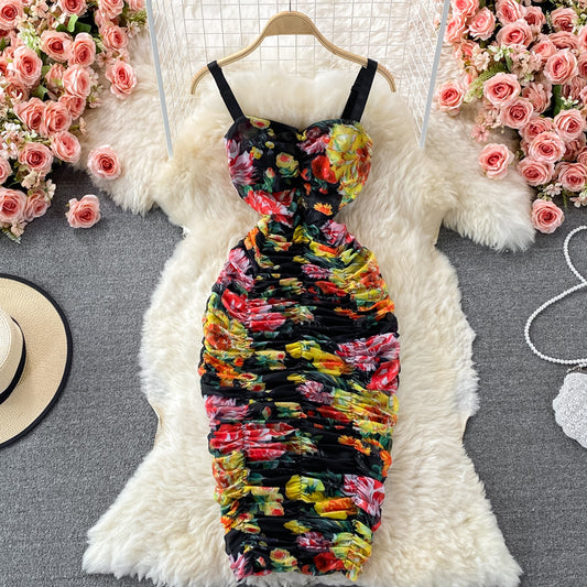 Robe porte-jarretelles en maille élastique slim imprimée sans bretelles et fesses 2821