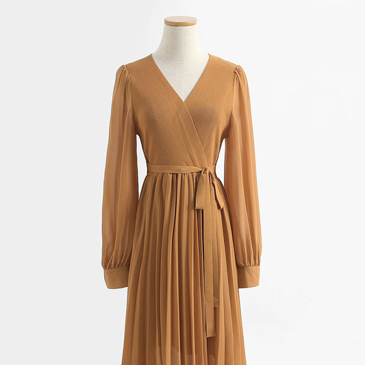 Robe col en V manches longues jupe plissée patchwork jupe courte 2140