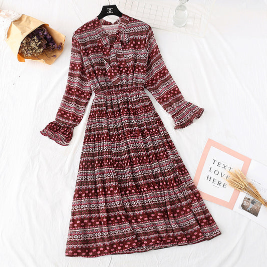 French retro national style broken flower bottomed long skirt  2368