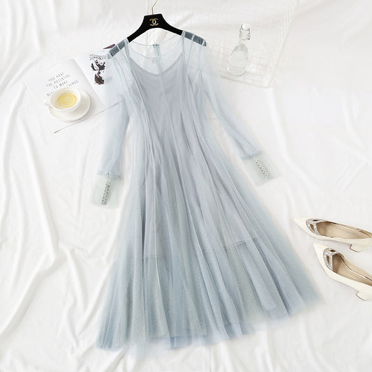 Retro-Puppenrock der französischen Minderheit Pailletten-Mesh-Kleid 2470