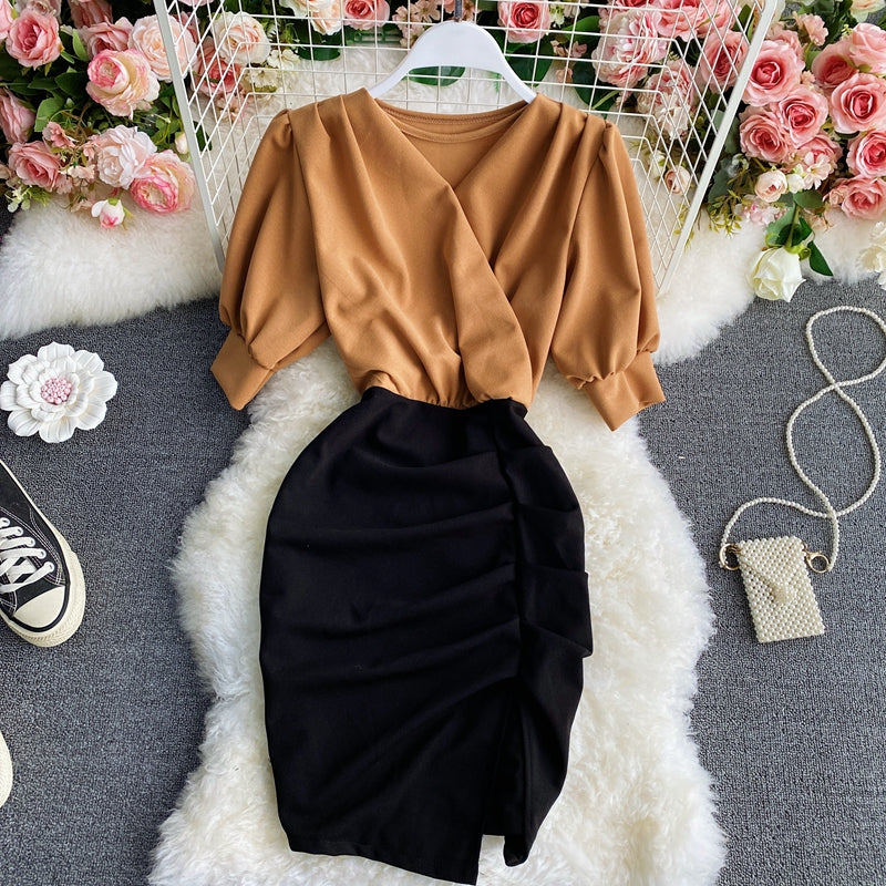 Pleated waist with thin design and color blocking dress  3421