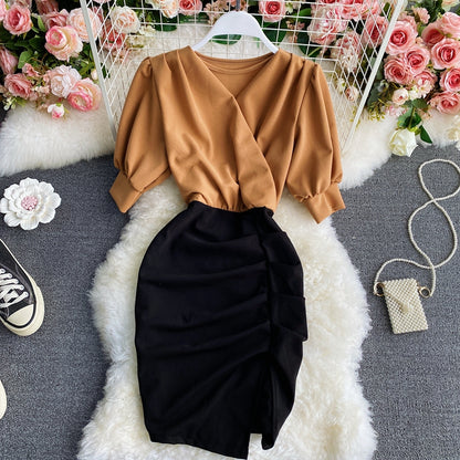 Pleated waist with thin design and color blocking dress  3421