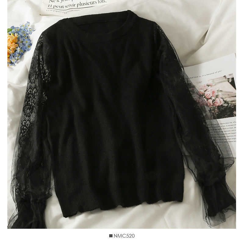 Mesh stitching loose and slim long sleeve Pullover Sweater  1817