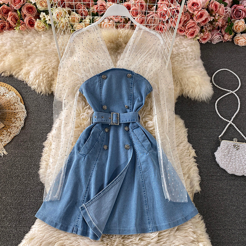 Schmales A-Linien-Jeansrockkleid mit Mesh-Nähten 3438