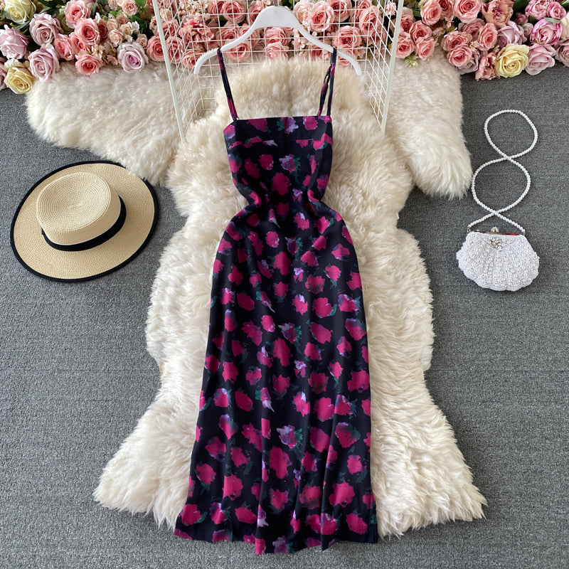 Slim temperament open back suspender Floral Dress  3422