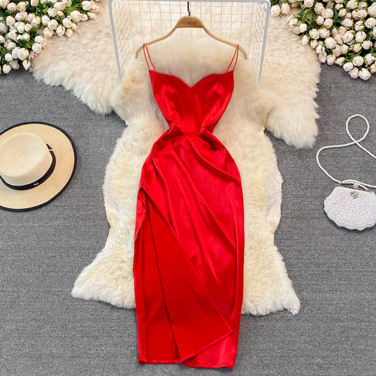 V-neck suspender dress fashion medium length split Hip Bag  3129