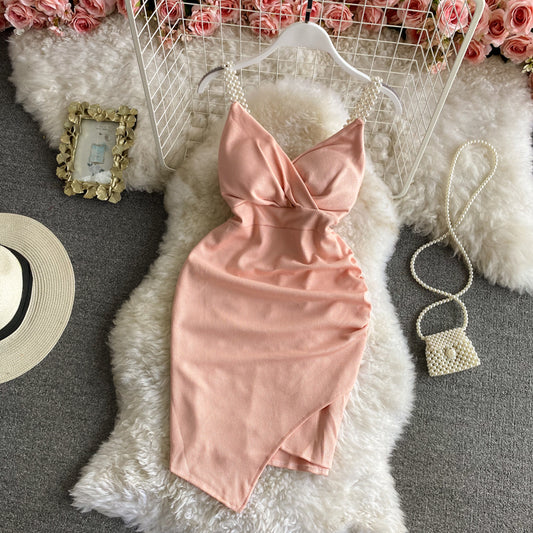 Solid color slim dress V-neck low chest and hip skirt suspender skirt  3175