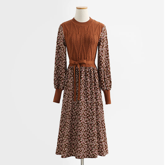 Floral dress lace up stitched corduroy bottomed skirt thin knit long skirt  2339