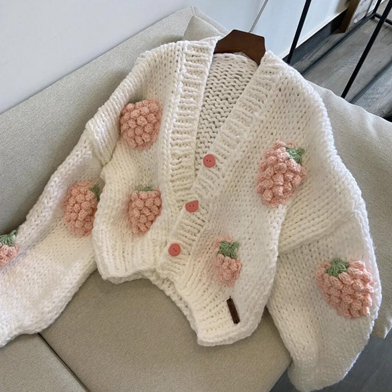 Cute three-dimensional strawberry cardigan long-sleeved sweater  1477