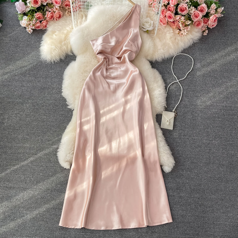 Sexy slant shoulder single side off shoulder slim Satin Dress  3337