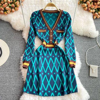 Small fragrance color blocking waist to show thin temperament design dress  3101