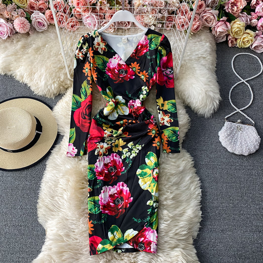 Printed waist with thin buttocks dress feminine floral skirt  3410