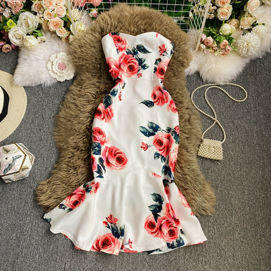 Robe mi-longue sexy sans bretelles à volants et imprimé slim 3031